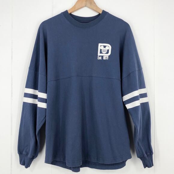 Disney Parks Spirit Jersey Puff Print Varsity Stripe Sleeve Size Medium Blue Whi - Picture 1 of 16